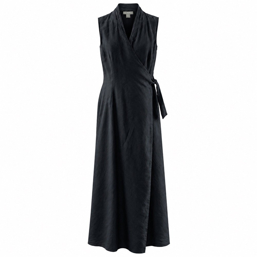 J. Jill 100% Silk Wrap Maxi Dress Crinkle Black Minimalist Goth Old Money S EUC - Picture 3 of 13